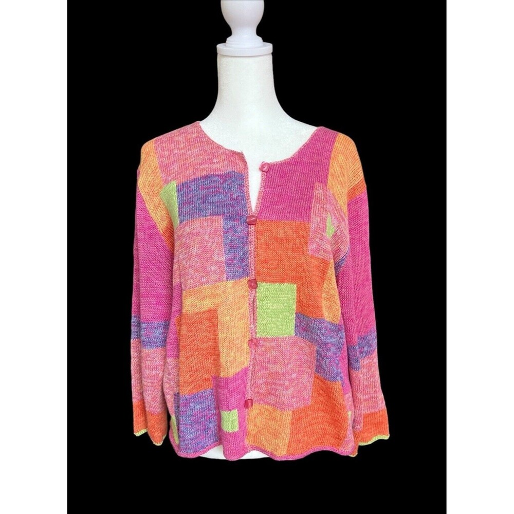 Sigrid Olsen Multicolor Patchwork Cardigan - Pink, Orange, Green, Purple
